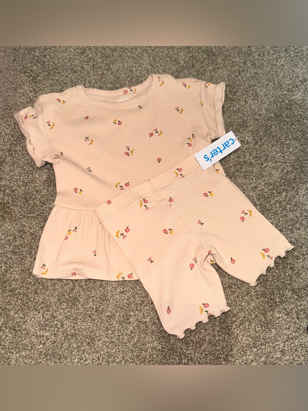NWT- Carter’s Girls Pink Fruit Print Ribbed Peplum Top & Shorts Set | Size: 3T